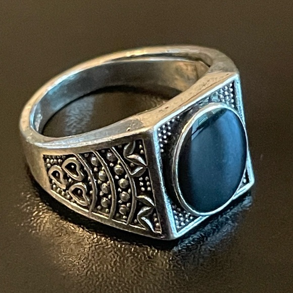 Vintage black obsidian S925 silver ring - Picture 2 of 9